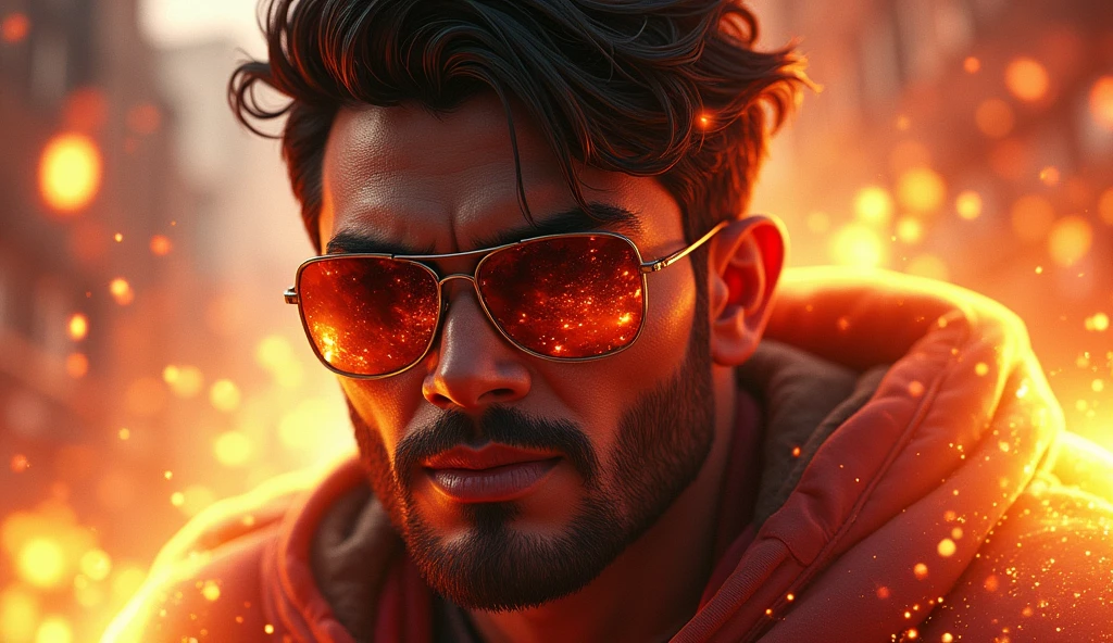Scene 31:
Alok Free Fire's sunglasses reflect the energy of the final battle as he unleashes his full power, his aura resonating with the music that drives him.