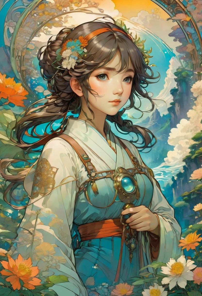 Studio Ghibli and Alphonse Mucha, Anime Line Art, Highest quality, masterpiece, so beautiful, Perfect composition, Very detailed
