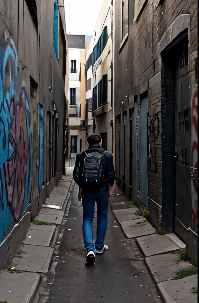 a young man with his back turned following the path in an alley full of graffiti with the word " only! " on the walls after leaving an artistic mask behind in pieces