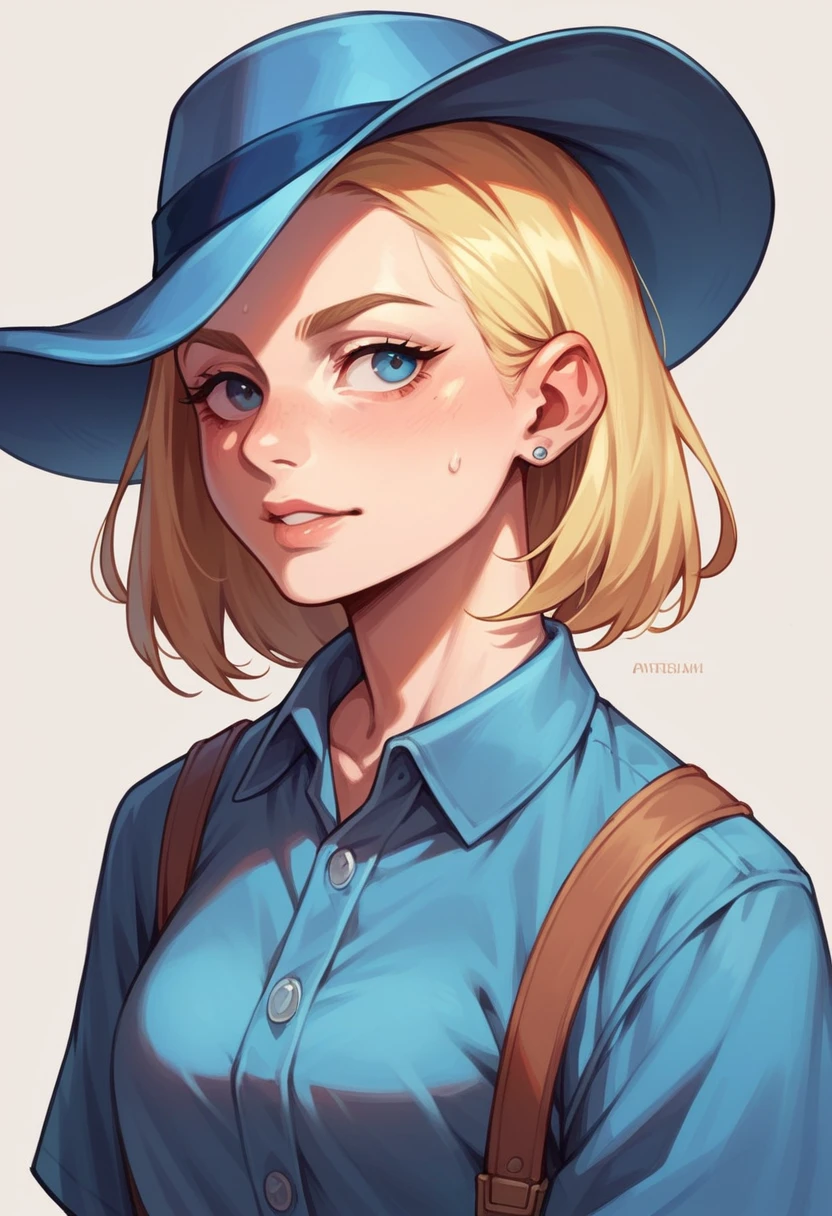 Portrait of a blonde girl wearing a blue hat and blue shirt