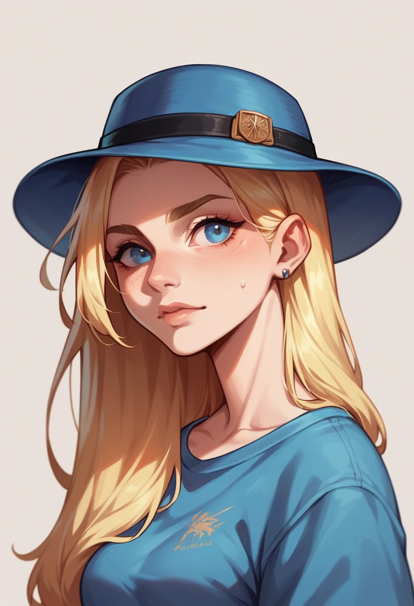 Portrait of a blonde girl wearing a blue hat and blue shirt