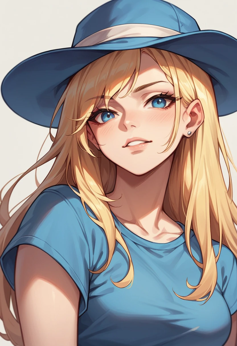 Portrait of a blonde girl wearing a blue hat and blue shirt