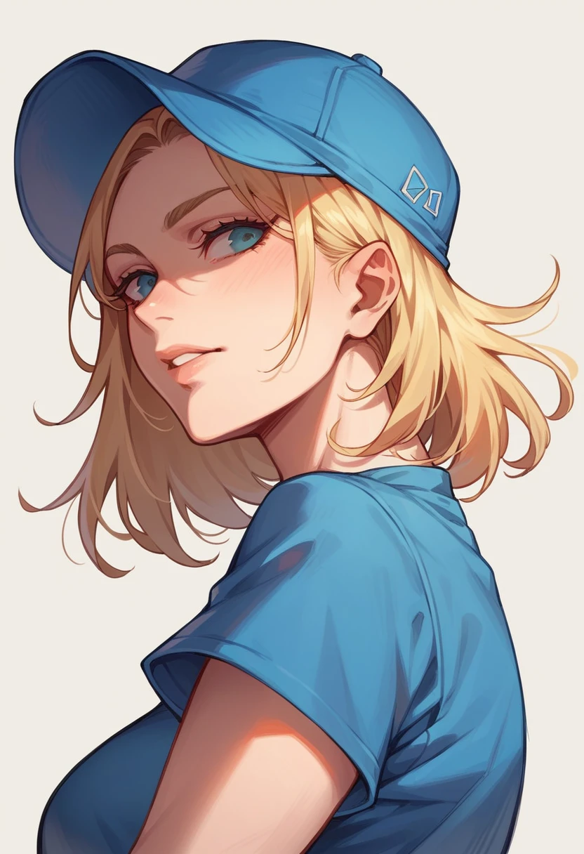 Portrait of a blonde girl wearing a blue hat and blue shirt