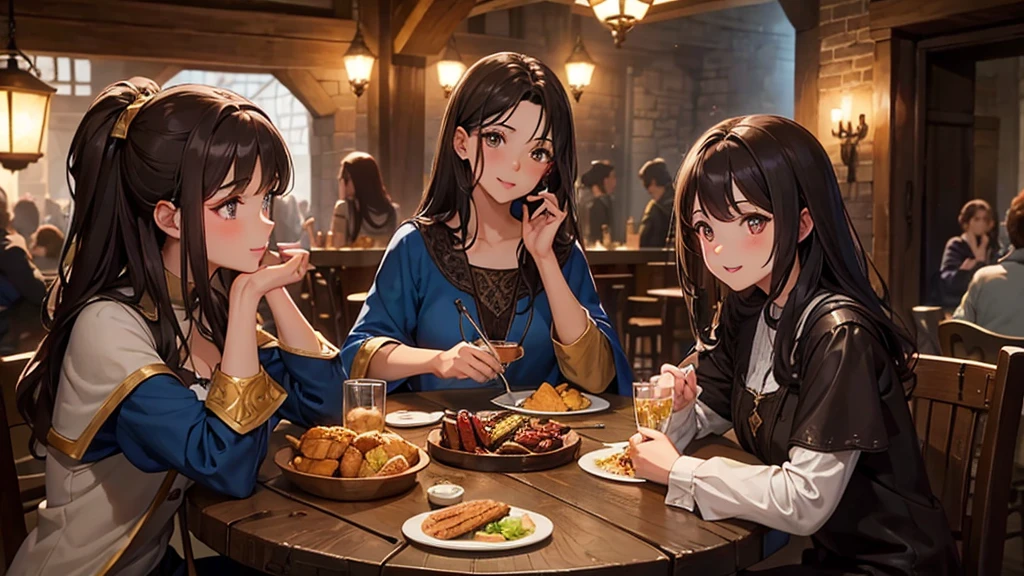 beautiful girl, Dark brown hair, Brown eyes, Dark Eyes, Fuller lips, middle ages, Wizard, Tavern, Having fun at a table with friends