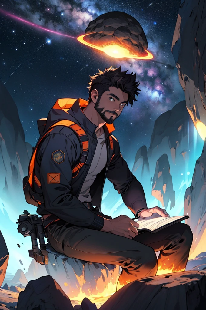 Draw a young programmer, sitting on a research platform floating in the middle of an asteroid belt. He is studying with a notebook, surrounded by several asteroids glowing with fiery auras. Dramatic lighting from distant stars and planets illuminates the scene, casting deep shadows on the suit. The young man looks confident and determined, looking at the vast and mysterious universe with wonder and respect,facial hair, cowboy shot.