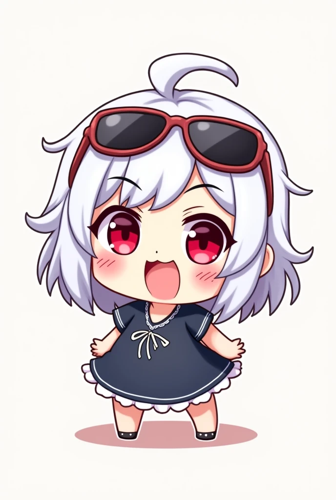 anime girl white hair red eyes chibi with sunglasses full body