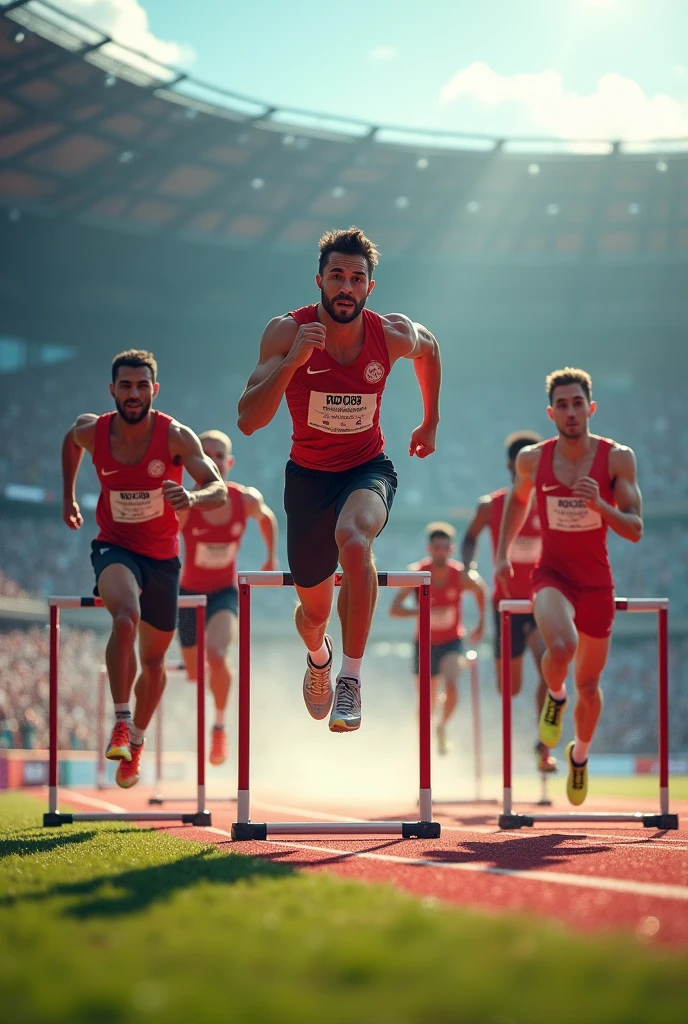 An athletics field, en donde esten 6 participants jumping an obstacle