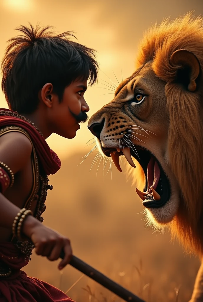In cinematic style,The Battle with lion**:
- **Scene**:youg rajput boy big muchay lion ka face chirte hue . The scene often shows him with a fearsome expression, roaring and ready for battle. both and face of lion mounth