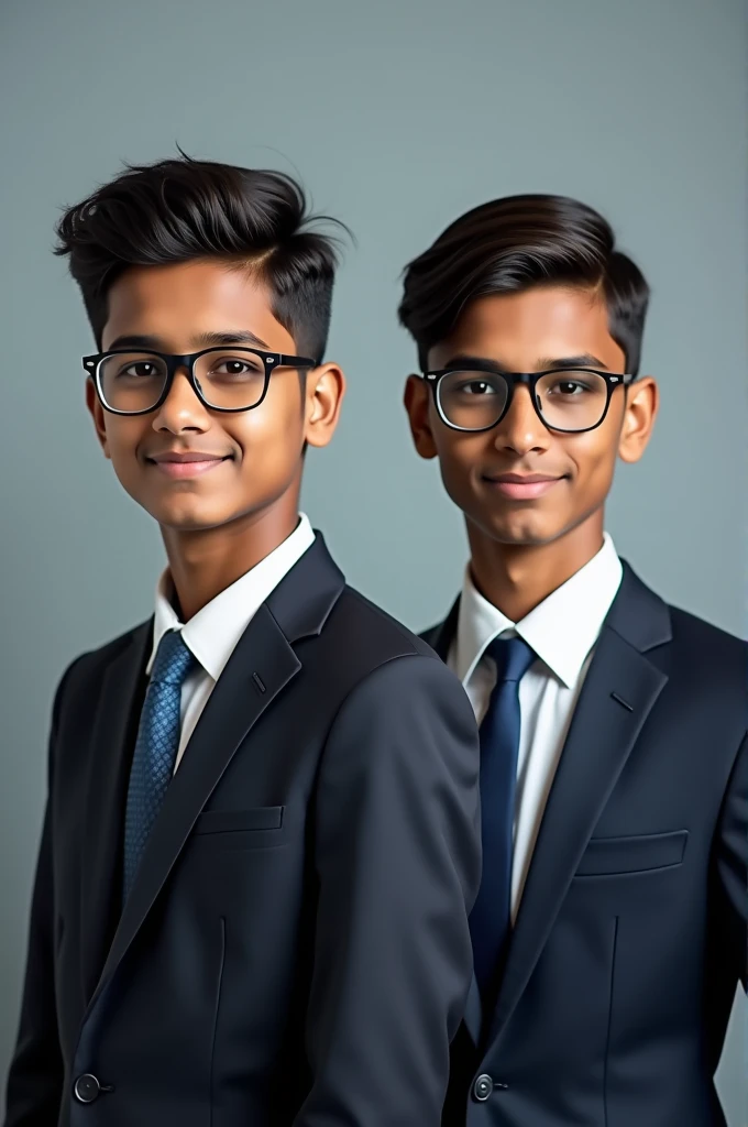 Prompt: 2 indian boy With fair skin Wearing spectacles and narrow body Posing for a linkedin picture in formals