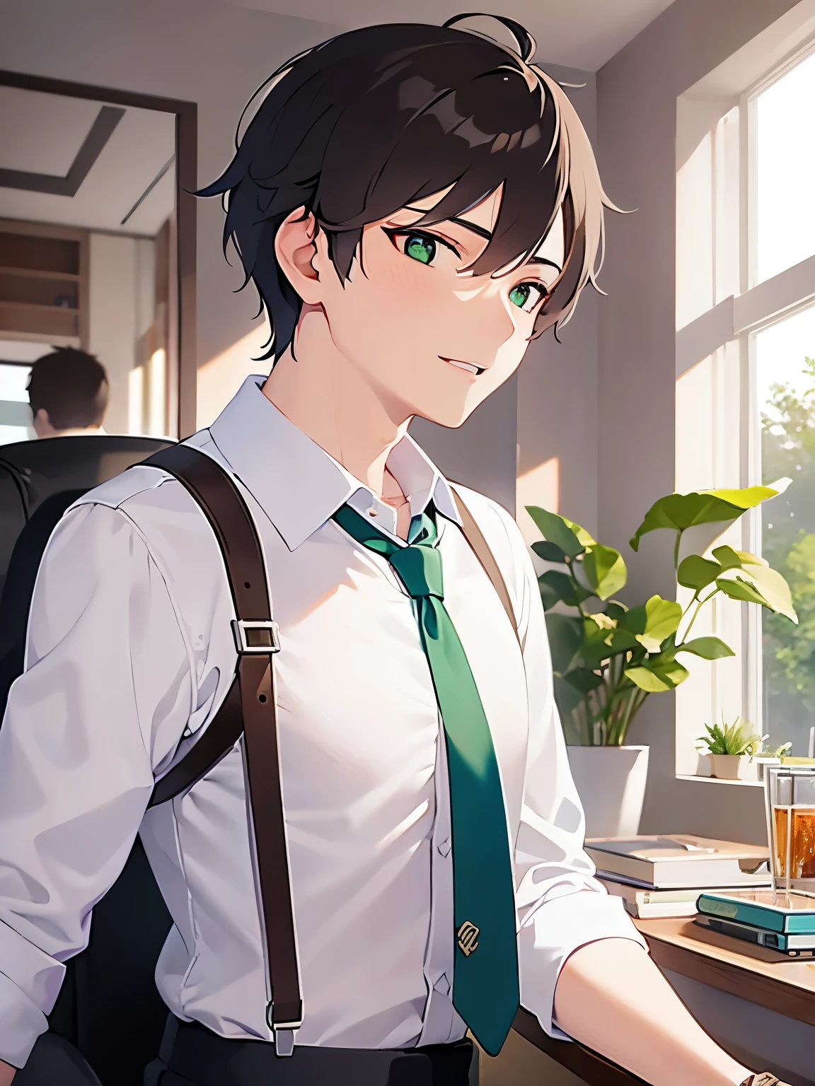 （looking away:1.5）Upper Body, Side shot、、 shiny skin, masterpiece、Highest quality、 (2 male:1.5) and (Brown short hair) and (Green Eyes), BREAK (white collared shirt) and (Green tie)、 smile,open mouth,Background in the office、(alone:1.5)