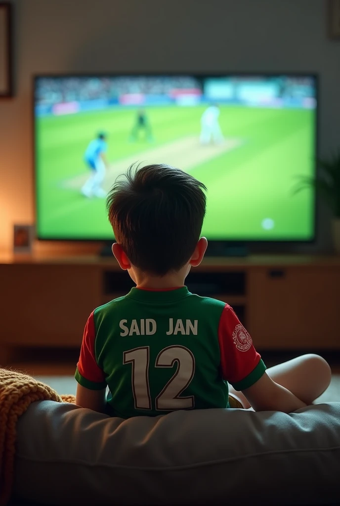 Create an image of boy watching Afghanistan vs Pakistan cricket match on TV boy with  Afghanistan jercy with Number 12 and Name Said jan