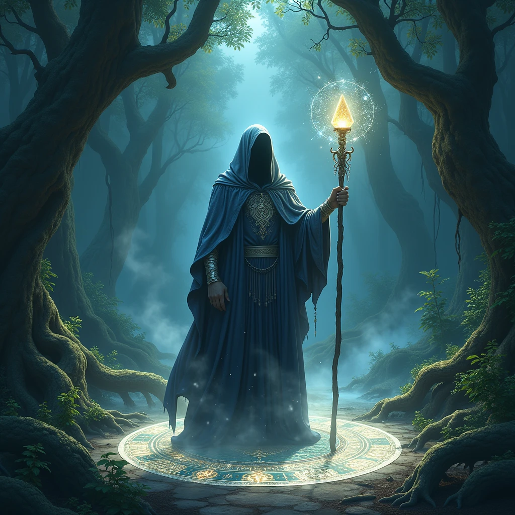 In the depths of an ancient, shadow-filled forest, where the whispers of the wind carry secrets of old, stands a towering figure cloaked in twilight. This is the realm of the mystical sorcerer, whose presence commands awe and reverence. The sorcerer is enveloped in a flowing robe that shimmers with the colors of the deep ocean and starlit sky, woven with silver threads that glimmer like a constellation cast upon the fabric. In his hand, he holds a staff made from the twisted branches of the world tree, topped with a clear crystal orb that pulses with a soft, otherworldly light. His eyes, deep and penetrating, seem to see beyond the mere physical realm, holding knowledge of ancient spells and forgotten worlds.

In front of him, a complex set of glowing sigils are etched into the ground, pulsating with magical energy. These runes form a circling pattern that evokes the cosmic order, spiraling into the ether. The air crackles with anticipation as ethereal, ghostly mists rise from the earth, entwining around the sorcerer's form, creating an aura of power and mystery. Luminescent wisps flit about like curious spirits, drawn to the sorcerer’s spectral call.

The background is a tapestry of towering, darkened trees, their gnarled branches like skeletal fingers reaching towards the heavens, draped in veils of emerald moss. Above, the canopy is pierced by shafts of silvery moonlight, casting an enchanted glow over the scene. In the distance, the faint roar of a cascading waterfall can be heard, harmonizing with the rhythmic chanting of the sorcerer as he summons forces unknown to mortal man. The atmosphere is thick with the aroma of ancient wood, damp earth, and the subtle hint of sage burning in the conjuring ritual.

This setting creates a sense of timeless magic, a moment caught between reality and legend, where the line between the seen and unseen blurs, inviting those who dare to witness the unveiling of arcane mysteries. Let this scene evoke the grandeur of a tale as o