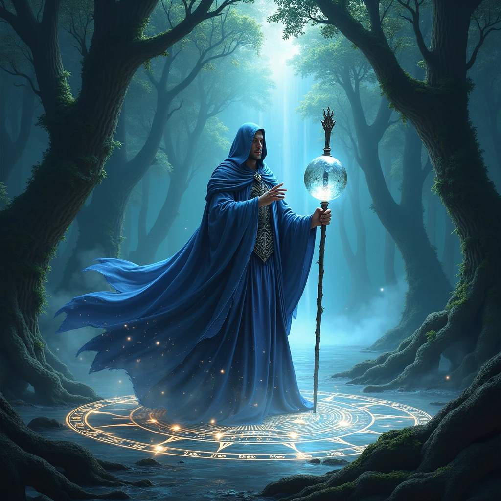 In the depths of an ancient, shadow-filled forest, where the whispers of the wind carry secrets of old, stands a towering figure cloaked in twilight. This is the realm of the mystical sorcerer, whose presence commands awe and reverence. The sorcerer is enveloped in a flowing robe that shimmers with the colors of the deep ocean and starlit sky, woven with silver threads that glimmer like a constellation cast upon the fabric. In his hand, he holds a staff made from the twisted branches of the world tree, topped with a clear crystal orb that pulses with a soft, otherworldly light. His eyes, deep and penetrating, seem to see beyond the mere physical realm, holding knowledge of ancient spells and forgotten worlds.
In front of him, a complex set of glowing sigils are etched into the ground, pulsating with magical energy. These runes form a circling pattern that evokes the cosmic order, spiraling into the ether. The air crackles with anticipation as ethereal, ghostly mists rise from the earth, entwining around the sorcerer's form, creating an aura of power and mystery. Luminescent wisps flit about like curious spirits, drawn to the sorcerer’s spectral call.
The background is a tapestry of towering, darkened trees, their gnarled branches like skeletal fingers reaching towards the heavens, draped in veils of emerald moss. Above, the canopy is pierced by shafts of silvery moonlight, casting an enchanted glow over the scene. In the distance, the faint roar of a cascading waterfall can be heard, harmonizing with the rhythmic chanting of the sorcerer as he summons forces unknown to mortal man. The atmosphere is thick with the aroma of ancient wood, damp earth, and the subtle hint of sage burning in the conjuring ritual.
This setting creates a sense of timeless magic, a moment caught between reality and legend, where the line between the seen and unseen blurs, inviting those who dare to witness the unveiling of arcane mysteries. Let this scene evoke the grandeur of a tale as o