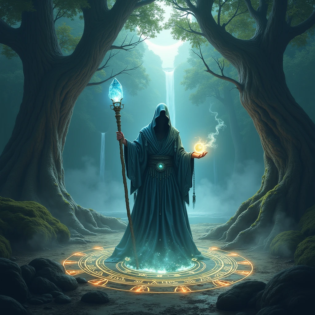 In the depths of an ancient, shadow-filled forest, where the whispers of the wind carry secrets of old, stands a towering figure cloaked in twilight. This is the realm of the mystical sorcerer, whose presence commands awe and reverence. The sorcerer is enveloped in a flowing robe that shimmers with the colors of the deep ocean and starlit sky, woven with silver threads that glimmer like a constellation cast upon the fabric. In his hand, he holds a staff made from the twisted branches of the world tree, topped with a clear crystal orb that pulses with a soft, otherworldly light. His eyes, deep and penetrating, seem to see beyond the mere physical realm, holding knowledge of ancient spells and forgotten worlds.
In front of him, a complex set of glowing sigils are etched into the ground, pulsating with magical energy. These runes form a circling pattern that evokes the cosmic order, spiraling into the ether. The air crackles with anticipation as ethereal, ghostly mists rise from the earth, entwining around the sorcerer's form, creating an aura of power and mystery. Luminescent wisps flit about like curious spirits, drawn to the sorcerer’s spectral call.
The background is a tapestry of towering, darkened trees, their gnarled branches like skeletal fingers reaching towards the heavens, draped in veils of emerald moss. Above, the canopy is pierced by shafts of silvery moonlight, casting an enchanted glow over the scene. In the distance, the faint roar of a cascading waterfall can be heard, harmonizing with the rhythmic chanting of the sorcerer as he summons forces unknown to mortal man. The atmosphere is thick with the aroma of ancient wood, damp earth, and the subtle hint of sage burning in the conjuring ritual.
This setting creates a sense of timeless magic, a moment caught between reality and legend, where the line between the seen and unseen blurs, inviting those who dare to witness the unveiling of arcane mysteries. Let this scene evoke the grandeur of a tale as o