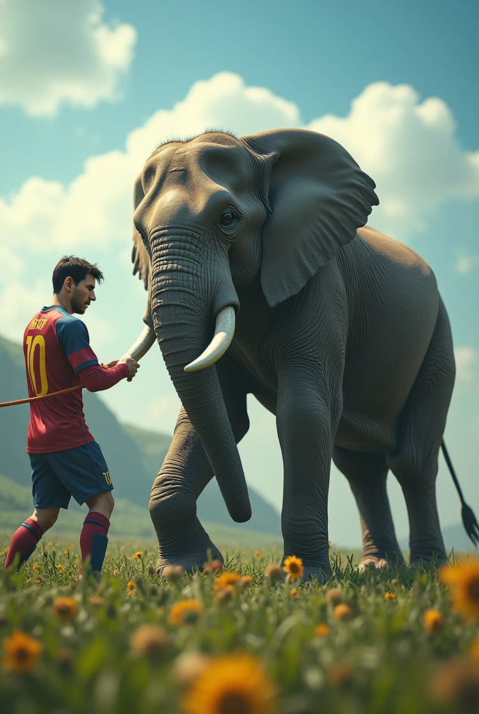 Messi is pulling an elephant with a rope