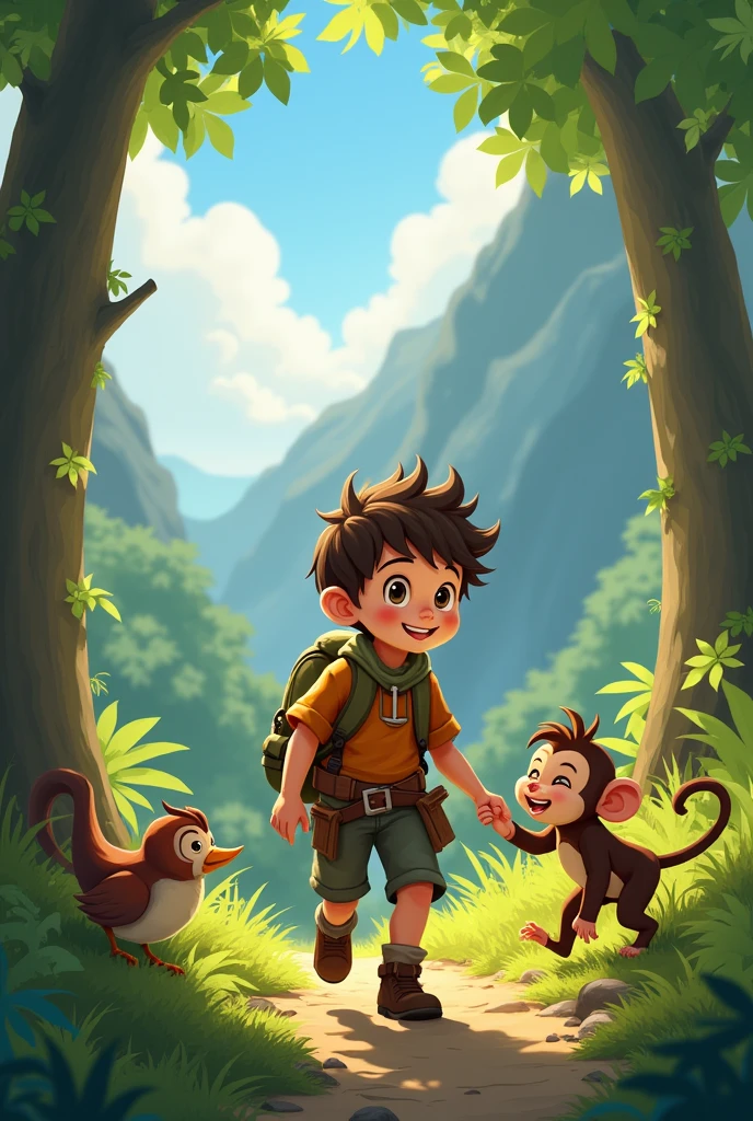 A boy from the mountains in his clothes playing in the forest with a monkey and a bird