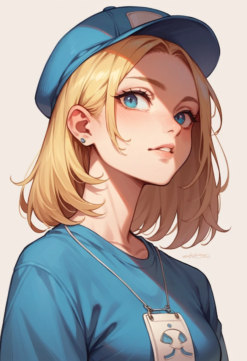 Portrait of a blonde girl wearing a blue hat and blue shirt