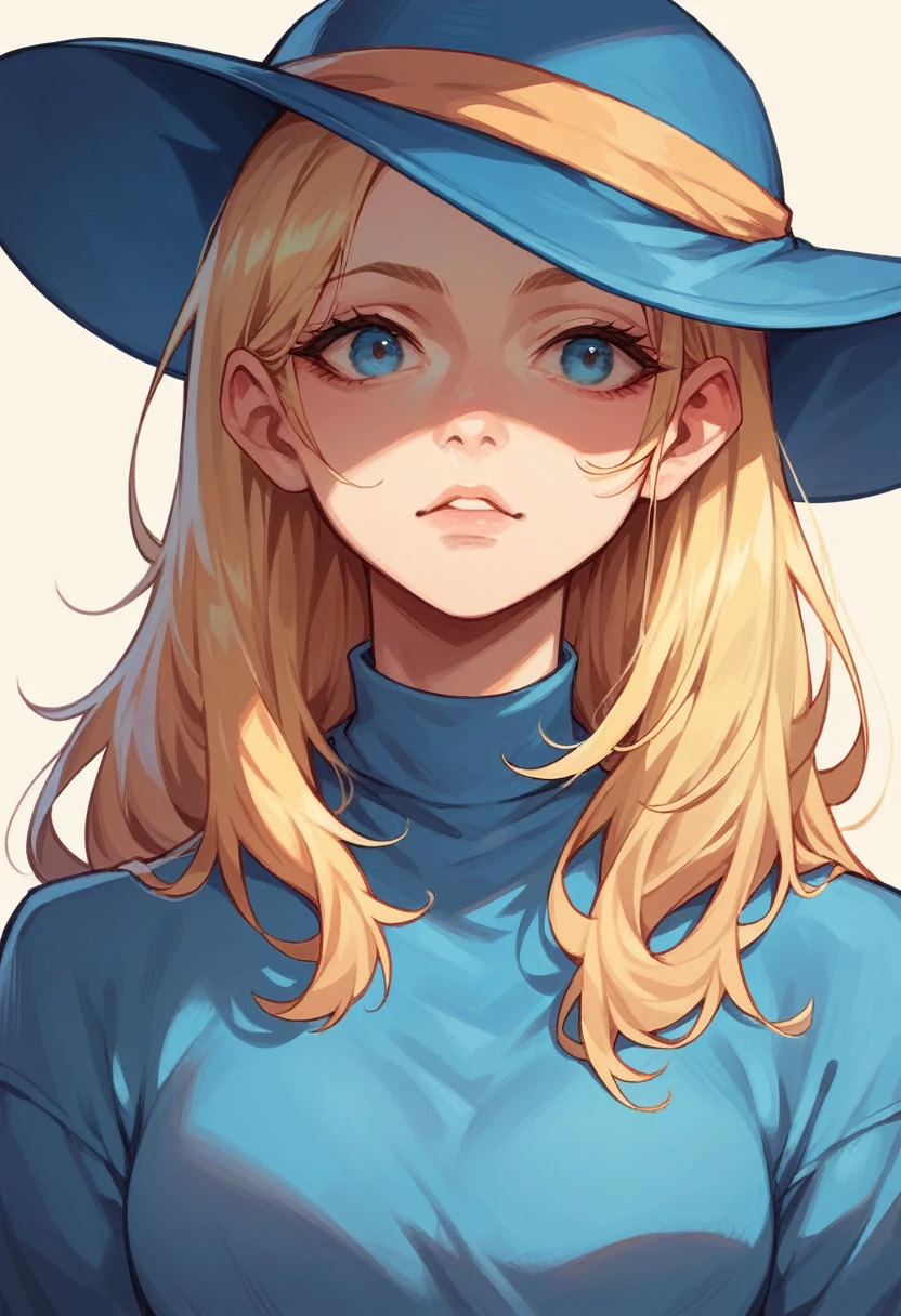 Portrait of a blonde girl wearing a blue hat and blue shirt
