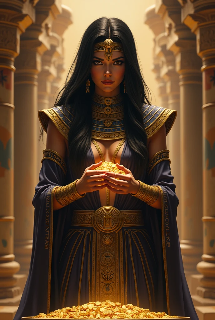A black-haired Egyptian priestess with coins in her hands and a chest of gold underneath