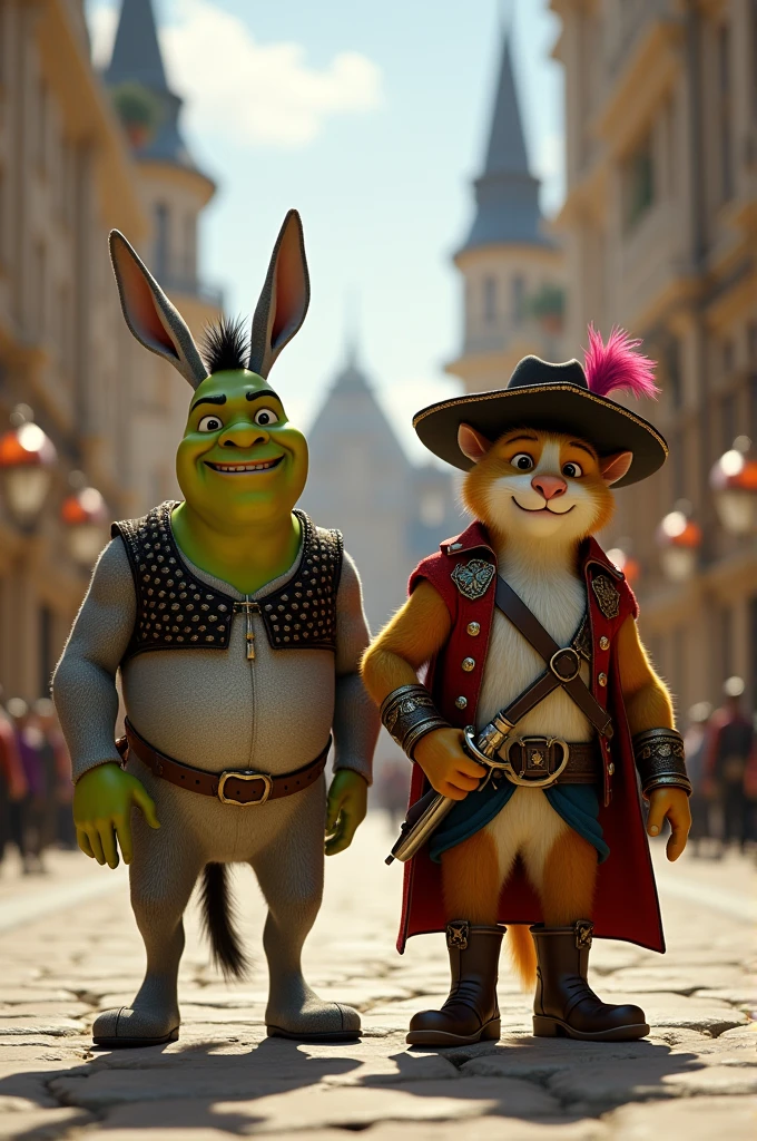 An image of Shrek's Donkey and Cat dressed as muskets standing on two legs