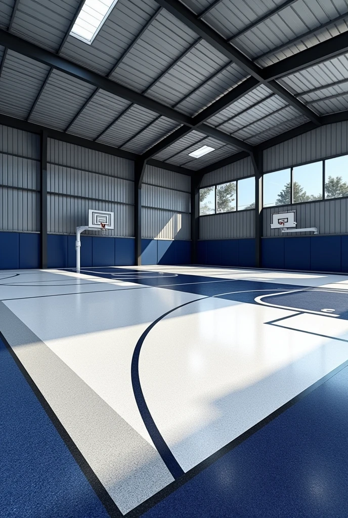 Terrazzo flooring multi task court basket ball, volleyball, net ball court made of terrazzo flooring and metal steal housing 8k hd make flooring visible the polished stone in black
white and navy blue and add small place for fans to sit enclosed it and put a fans spot to seat