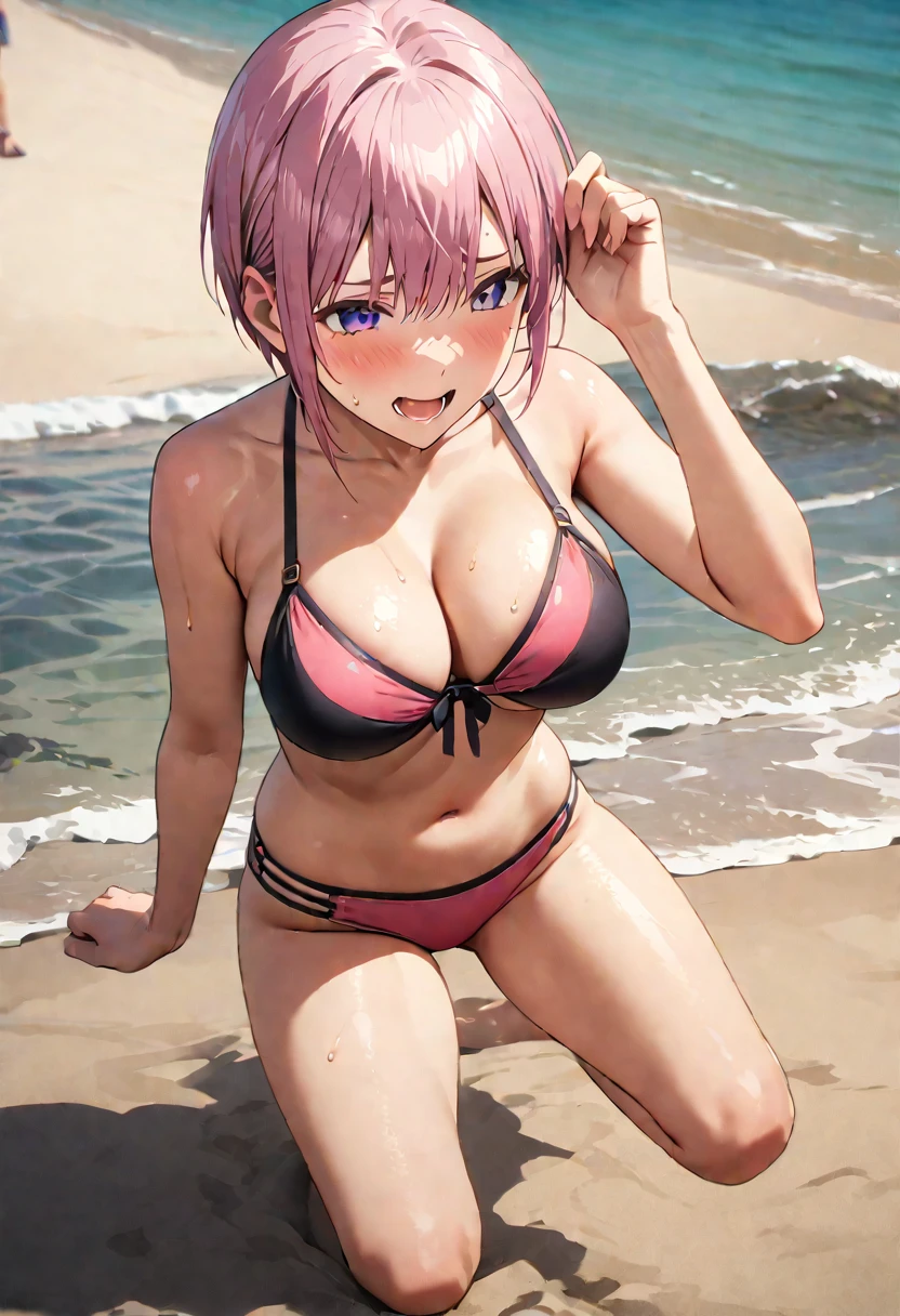 (Highest quality, 4K, 8k, High resolution, masterpiece:1.2), Very detailed, Picturesque, Animated Photography, Photo Animation:1.37)、A Japanese highgirl、(Pink Hair)、(Pixie Cut)、Large Breasts、in a beach、bikini、(bikini color:random)、black cheokr、Ecstasy face、trembling、Sweat、Full body photography、selfie、Nakano ichika
