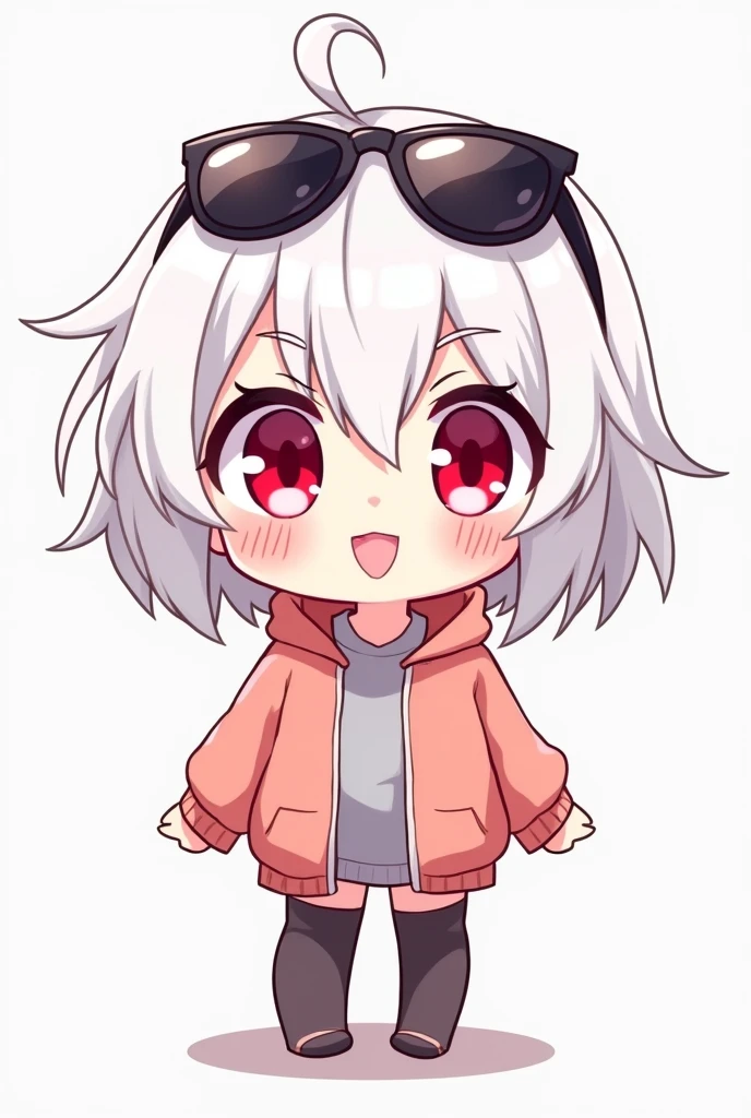 anime girl white hair red eyes chibi with sunglasses full body