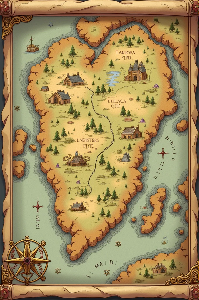 Make a cartography style map, but try to make the lines more cartoonish, try something more medieval artistic. Try adding a compass rose to the bottom corner of the map, don't make the lines so realistic, I want something cartoon style