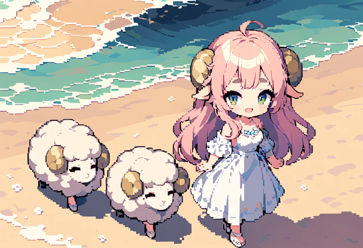masterpiece, Highest quality, 8k, \(Pixel art, Vivid, Highest quality\), \((One person, Sheep)), (young woman, Open your mouth, Fluffy hair, Long Hair, Hair like sheep's hair, Pink Hair, eyebrow, 太いeyebrow, White dress, Straw hat, High heel sandals\), (Highest quality:1.0), (\Seaside, Walking on the beach, evening\), 1 sheep