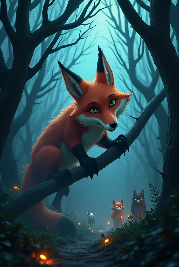  In cinematic 3d cartoon style In the middle of the forest, they find a bigger danger fox trapped in some branches & the dangerous forest look like horror 