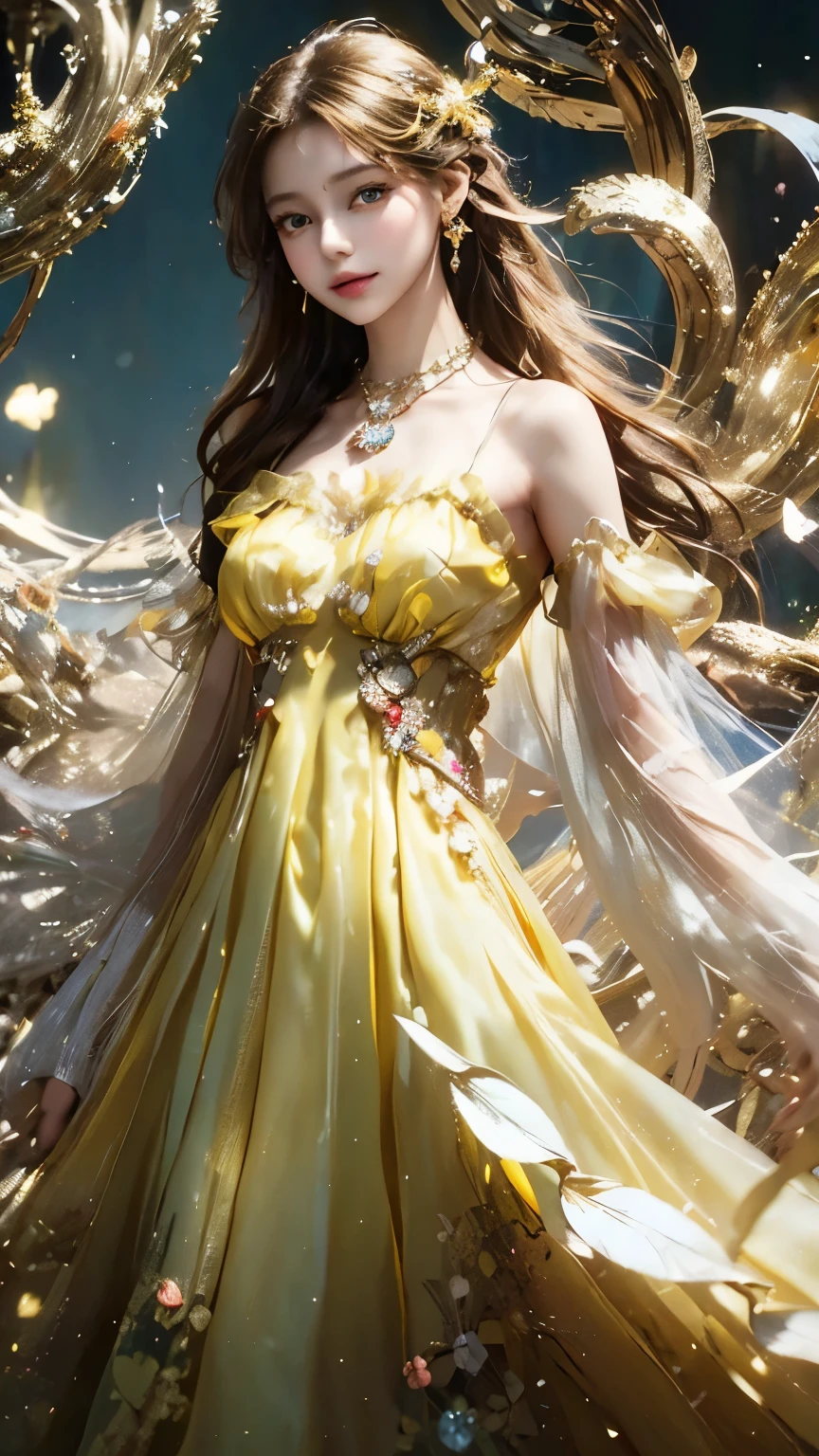 8k, Ultra HD, masterpiece, 1 girl, (nice face:1.4), detailed eyes, very long hair, impressive hairstyle, earring, necklace, , (yellow dress:1.5), see through, (fantasy dress:1.5) A foundation with bright colors that makes your skin appear transparent., (In Wonderland:1.5), Mystery, Diwali lights, shining lights, Very decorative, The light falls like water, Perfect front body,