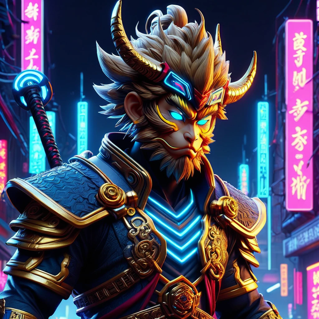 masterpiece、high resolution、high resolution、Detailed Description、beautiful、art、Wukong、孫Wukong、cool、人間のcoolな表情を併せ持つWukong、cyberpunk style, hood, neon lights, high-tech clothing, Ruyi stick、Sengoku Warlord Fashion、battlefield scene、Serious expression、 Inspired by Wukong、4K Graphics、