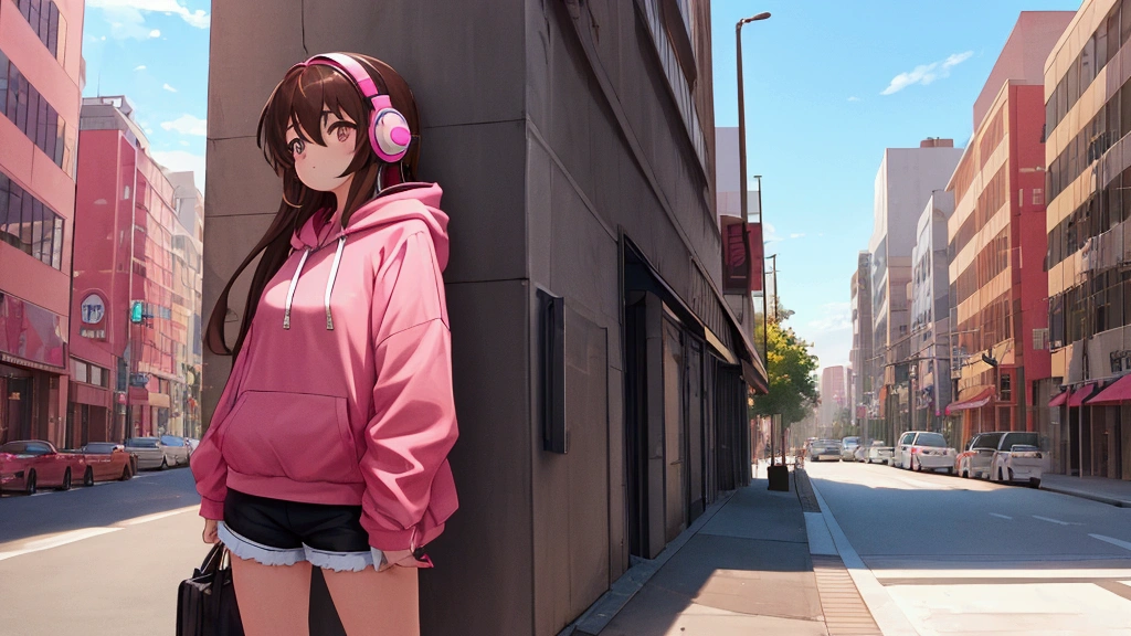 1girl, long brown hair, pink oversized hoodie, shorts, best quality, 8k quality, sunny sky, city downtown, chilling, headphones, listening to music