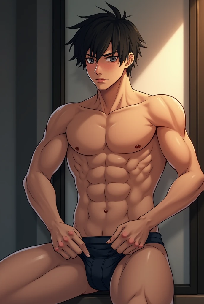 Un garçon adolescents beau gosse sexy transpiration dans le thème animé japonais a shirtless male is putting on his underwear, one with one arm holding his crotch, male focus, 1boy, nipples, solo, abs, pectorals, bulge, blush, underwear, short hair, black hair, muscular male, muscular, navel, from below, bara, teeth, male underwear, looking at viewer
