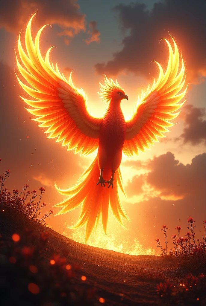 A majestic Phoenix rising from its own ashes in a dramatic display of flames and light. The scene is set against a twilight sky filled with swirling clouds and the glowing embers of a dying fire. The Phoenix's wings spread wide, with vibrant feathers that glow in shades of gold, red, and orange, illuminating the surrounding area. The ground beneath is scorched, with new life emerging in the form of small plants and flowers, symbolizing rebirth. The atmosphere is both intense and serene, capturing the awe of this mythical creature's renewal.