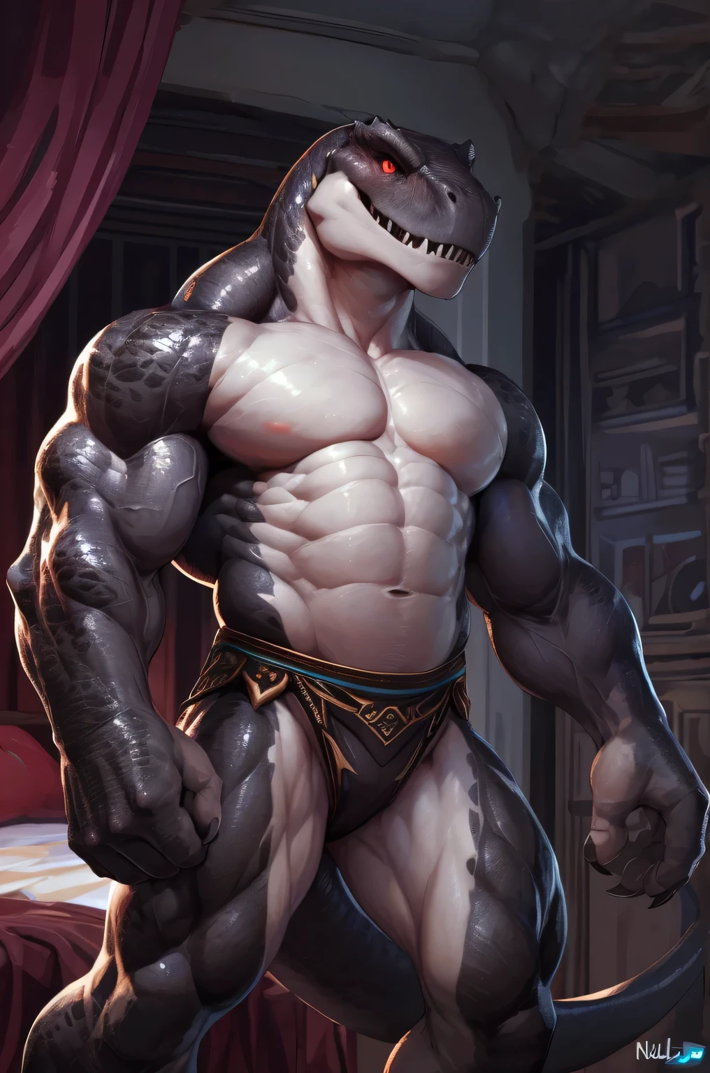 solo, anthro, male, ultra details, T-Rex, ((ultra detailed muscles)), (T-Rex print), black scales, white belly, black spiny scales, bedroom, standing up, bodybuilding pose, bodyguard outfit, black claws, red eyes, slit eyes, slim fit, muscular slim, menacing, sexy, handsome, flirt, ultra detailed slit eyes, pecs, hind leg, tail, looking at viewer, (Masterpiece, by null-ghost, ultra hi-res, 8k), naked torso , black posing trunk, front point of view.