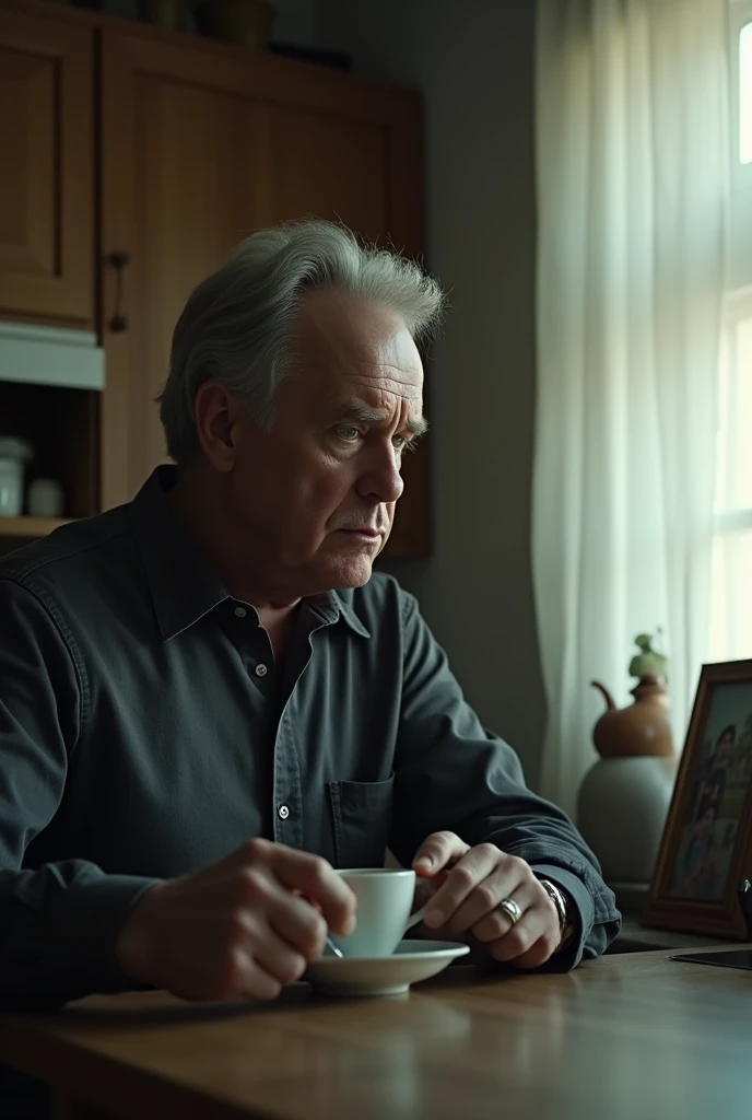 Draw a man taking poison in his coffee in the morning