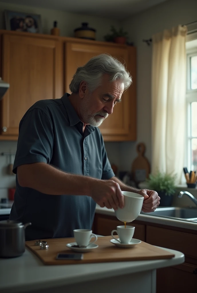Draw a man taking poison in his coffee in the morning