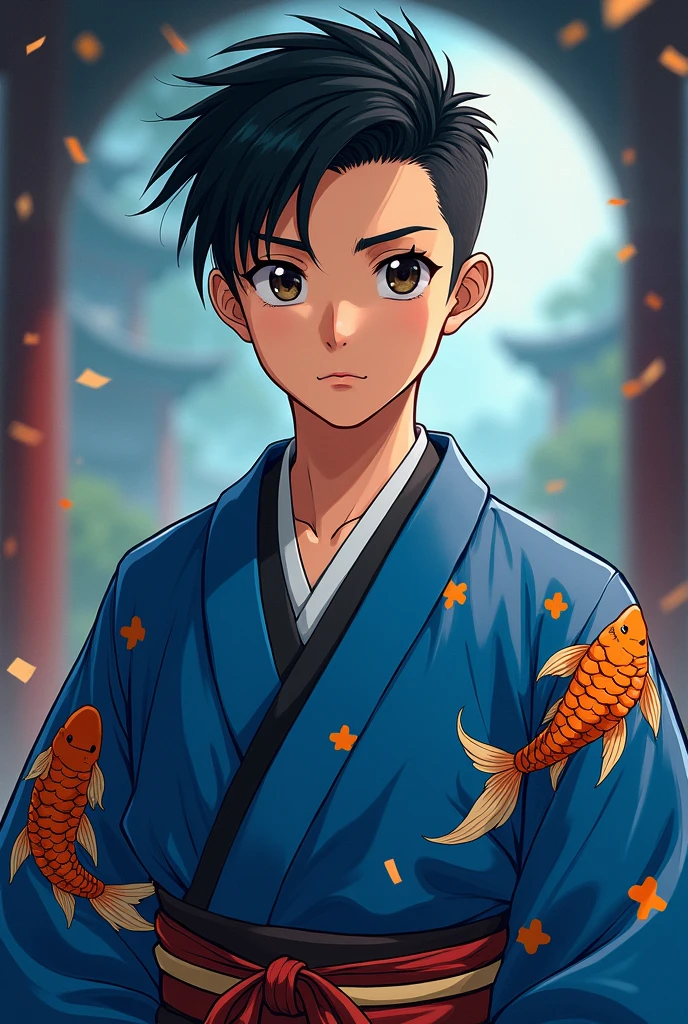 Young male character with black hair slicked back, dark brown eyes, wearing a blue kimono with a goldfish print, demon slayer anime style