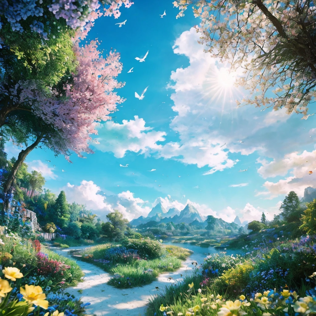 masterpiece, 最high quality, high quality,Very detailed CG unity 8k wallpaper, Enchanting and dreamy fantasy forest scenery, Seven-Colored Garden, Valley of the Fairies with a River Flowing Through It, Mysterious and fascinating, Sky Blue Sky, White dove flies, Complex, sunset, pastel colour, Award-winning photography, Written boundary depth, High resolution, bloom, chromatic aberration ,Realistic,Very detailed, White cloud, Trending on CGSociety, Complex, Attention to detail, dramatic, art:The middle of a journey