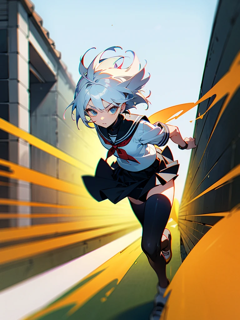 (Masterpiece), (best quality), white haired girl , colored school uniform, black skirt, background outside the house, ((hurry up run)) , ((A hurried expression)), ((proportional body)), ultrahd, 4K