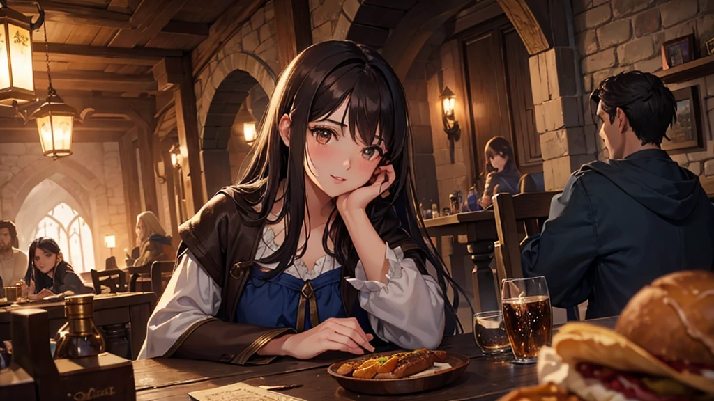 beautiful girl, Dark brown hair, Brown eyes, Dark Eyes, Fuller lips, middle ages, Wizard, Tavern, Having fun at the table