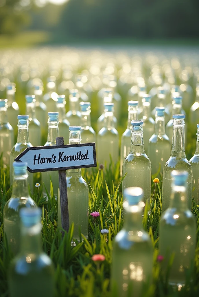 Create a meadow with 1000 unopened glass bottles in white glass. The glass bottles are said to be from the Nordhäuser brand and contain a transparent liquid. A sign in the foreground points to Harm's Kornfeld.