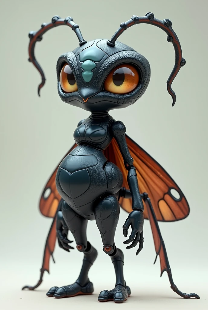 Cartoon, mascot, Depiction of a female moth curvy figure, arthropod, looks more like insect, No human skin, no human arms, legs or body, ant skin, shiny black skin