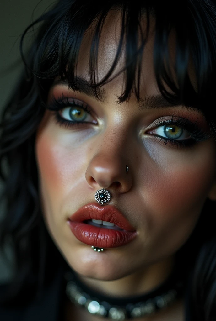 raw photo, face close up, glamour photography of a random stylish goth girl, with a nose piercing, edgy vibe, dark, mascara, eyeliner, dark cheeks, Unique facial piercings with ornate jewelry, Round eyes, Dimples, Smoky eye makeup, Defined jawline, skin pores, shiny skin, grainy, harsh flash lighting, sepia tone, realistic skin texture, highly detailed photography, vibrant, insanely detailed, hyperdetailed, 75mm, dslr