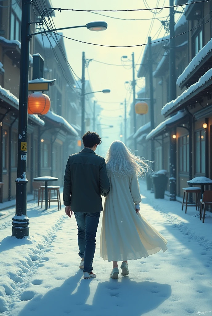 A boy walking backwards through the streets of Korea in the snow and the ghost of his boyfriend hugs him next to him