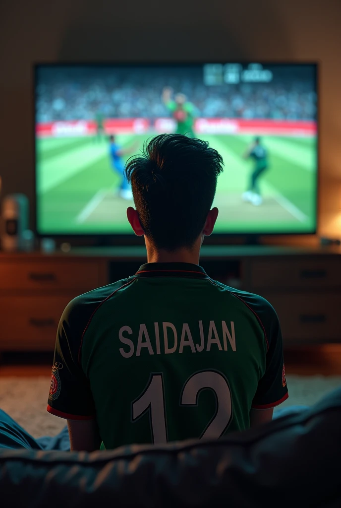 Create an image of boy in age 28 watching Afghanistan vs Pakistan cricket match on TV boy with Afghanistan jercy with Number 12 and Name Saidajan