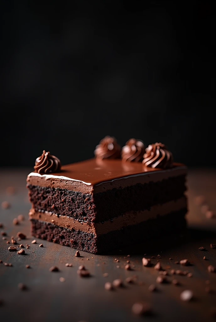 cinematic film still chocolate, chocolate cake, dark background, quality photo, moist texture, frosting, studio photo, slice . shallow depth of field, vignette, highly detailed, high budget, bokeh, cinemascope, moody, epic, gorgeous, film grain, grainy