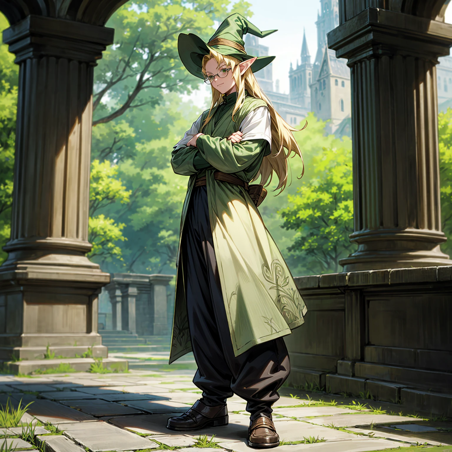 Solo character, full body version, middle aged man, (elf), green eyes, blonde color hair, long hair, formal clothing, long pants, shoes, outdoor, town, medieval, standing gesture, detailed background, detailed clothing, detailed hair, (Hunter x Hunter style art), happy, glasses, witch hat, big muscle, beard