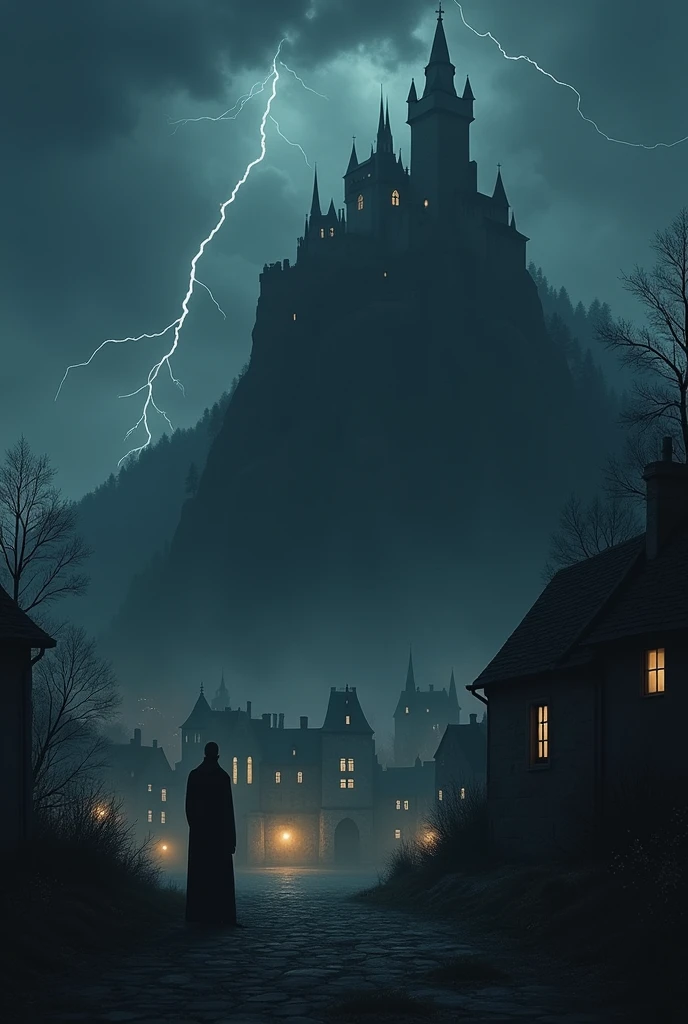 a small gothic town with lights only inside the buildings, behind and on top of a high hill is a dark and spooky castle and between the castle and the townd is a vampire count on top of a cliff under a dark sky with one lightningbolt glooming in the night